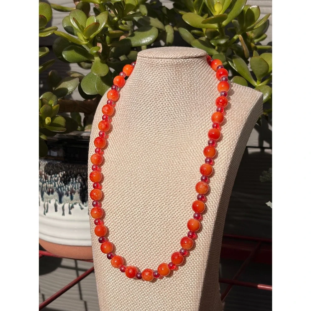Handmade Orange Glass Bead Necklace Red Accents Gold Tone Lobster Clasp Boho